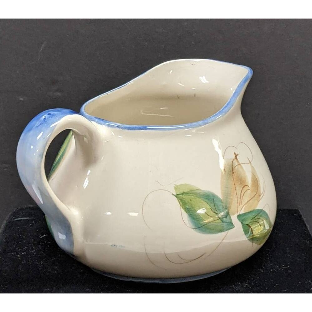 Vintage Signed Secla Portugal Hand Painted Blue Green Floral Pitcher Jug Vase